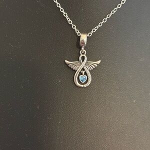Silver Angel Wing Necklace with Blue Heart Accent